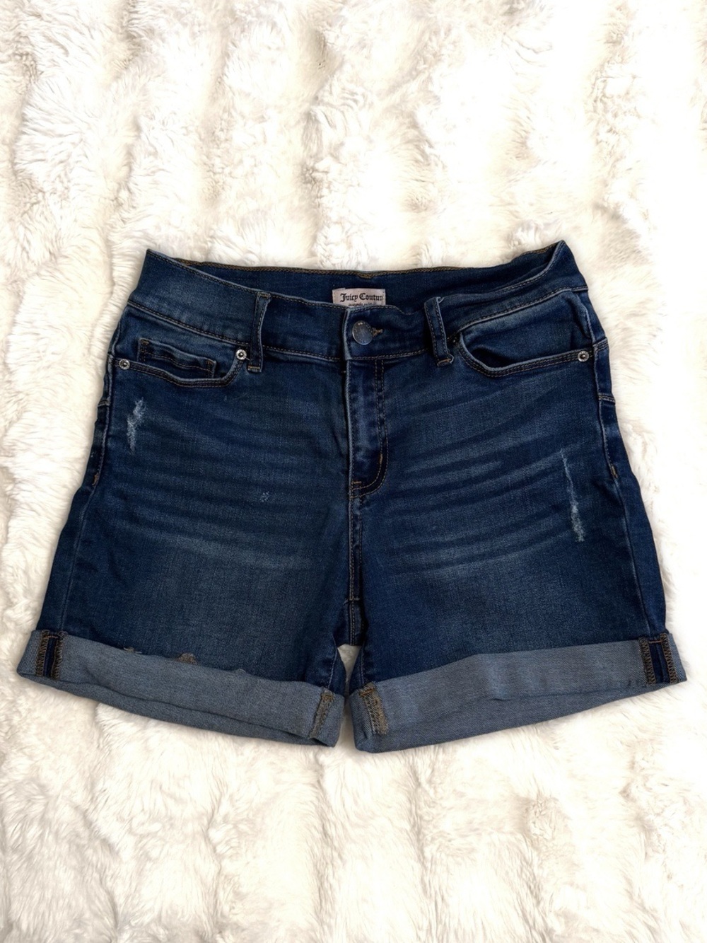 Y2K Juicy Couture Dark Blue Denim Roll-Cuff Women's Shorts Size 4